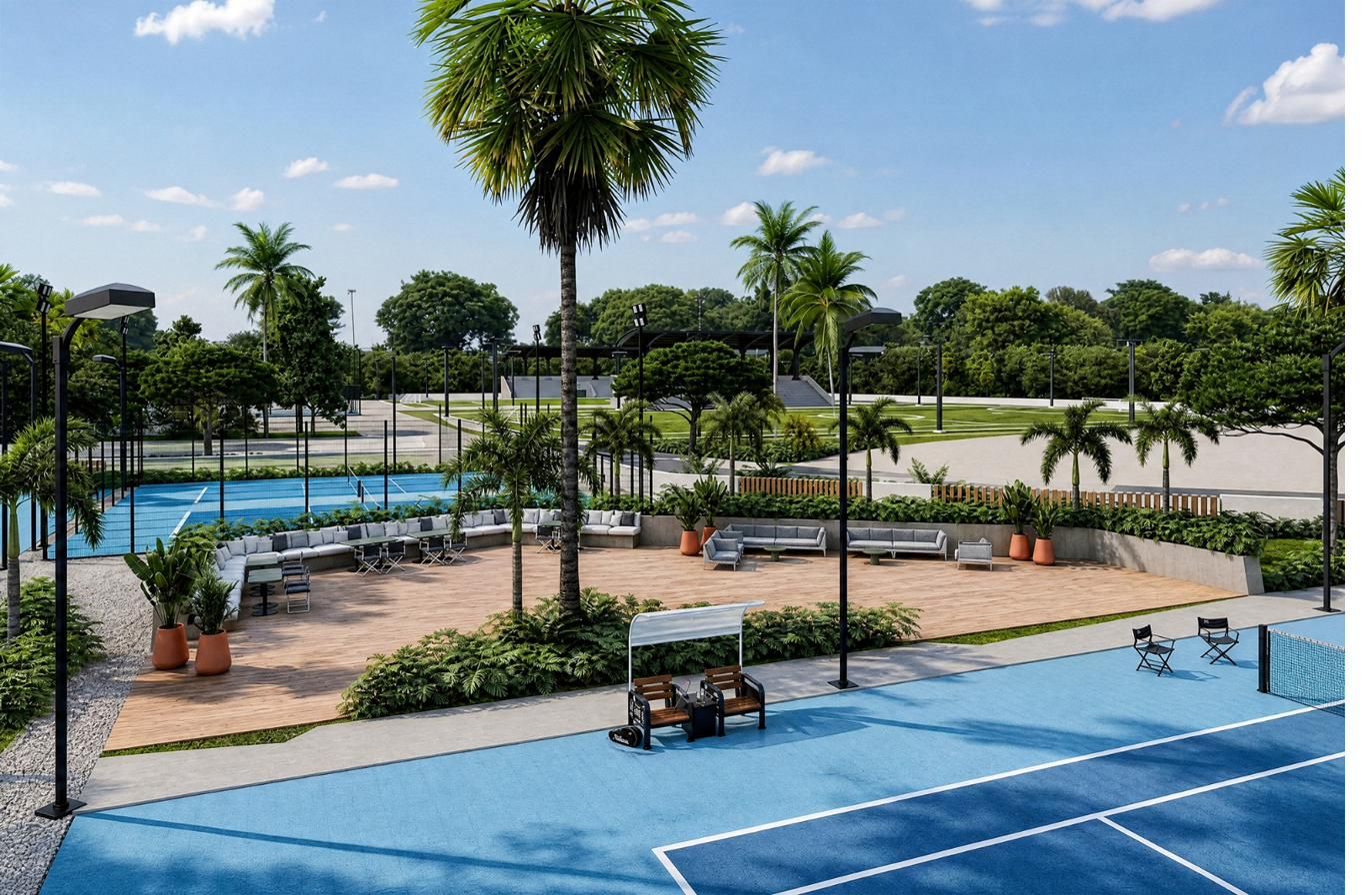 Pickleball courts beside the pool
