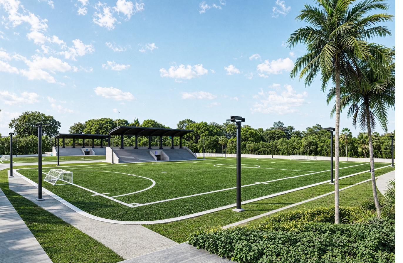 Full-size football pitch with covered stand