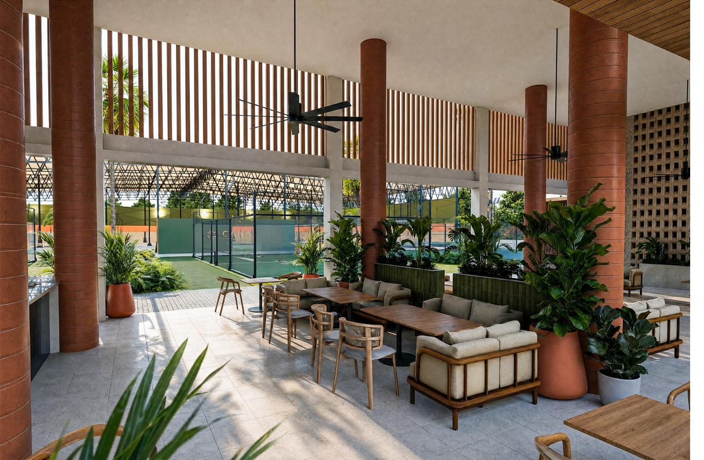 Lounge with a view of the padel courts