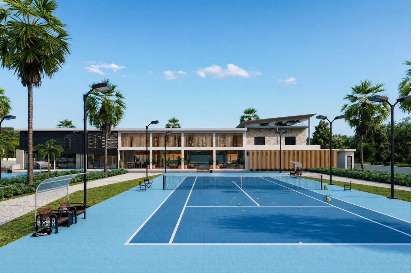 Outdoor hard tennis court with the clubhouse behind